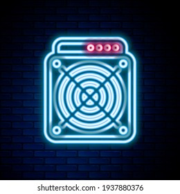 Glowing neon line ASIC Miner icon isolated on brick wall background. Cryptocurrency mining equipment and hardware. Application specific integrated circuit. Colorful outline concept. Vector
