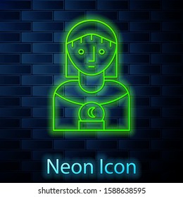 Glowing neon line Astrology woman icon isolated on brick wall background.  Vector Illustration