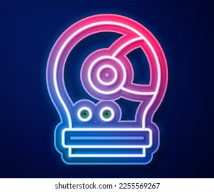 Glowing neon line Astronaut helmet icon isolated on blue background.  Vector