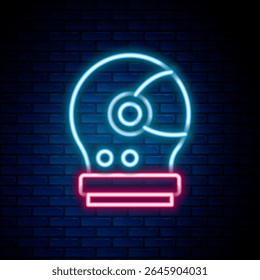 Glowing neon line Astronaut helmet icon isolated on brick wall background. Colorful outline concept. Vector