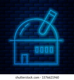 Glowing neon line Astronomical observatory icon isolated on brick wall background. Observatory with a telescope. Scientific institution.  Vector Illustration