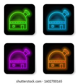 Glowing neon line Astronomical observatory icon isolated on white background. Black square button. Vector Illustration