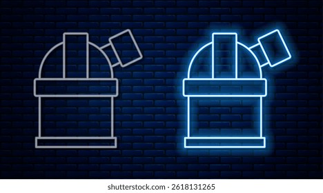 Glowing neon line Astronomical observatory icon isolated on brick wall background. Observatory with a telescope. Scientific institution.  Vector