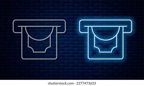 Glowing neon line ATM - Automated teller machine and money icon isolated on brick wall background.  Vector