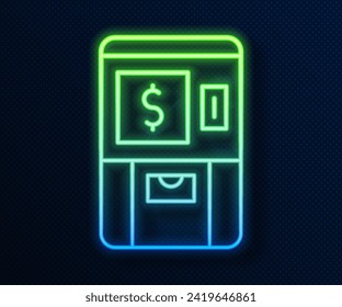 Glowing neon line ATM - Automated teller machine and money icon isolated on blue background.  Vector