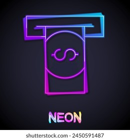 Glowing neon line ATM - Automated teller machine and money icon isolated on black background.  Vector