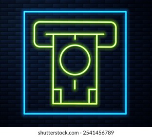 Glowing neon line ATM - Automated teller machine and money icon isolated on brick wall background.  Vector