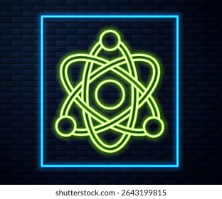 Linha de néon brilhante Ícone de átomo isolado no fundo da parede de tijolo. Símbolo de ciência, educação, física nuclear, pesquisa científica.  Vetor