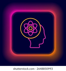 Linha de néon brilhante Ícone de átomo isolado no fundo preto. Símbolo de ciência, educação, física nuclear, pesquisa científica. Conceito de contorno colorido. Vetor