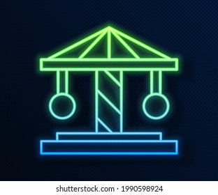 Glowing neon line Attraction carousel icon isolated on blue background. Amusement park. Childrens entertainment playground, recreation park.  Vector