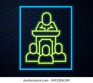 Glowing neon line Auction auctioneer sells icon isolated on brick wall background. Auction business, bid and sale.  Vector