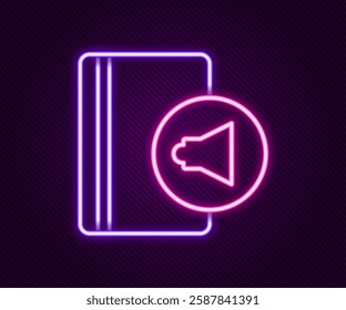 Glowing neon line Audio book icon isolated on black background. Book with headphones. Audio guide sign. Online learning concept. Colorful outline concept. Vector