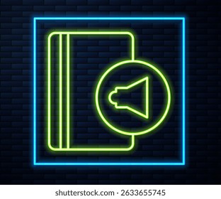 Glowing neon line Audio book icon isolated on brick wall background. Book with headphones. Audio guide sign. Online learning concept.  Vector