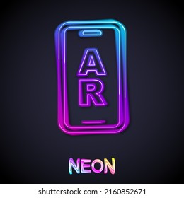 Línea de neón brillante Icono AR de realidad aumentada aislado en fondo negro. Dispositivos virtuales futuristas.  Vector