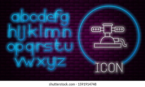 Glowing neon line Automatic irrigation sprinklers icon isolated on brick wall background. Watering equipment. Garden element. Spray gun icon. Neon light alphabet. Vector Illustration