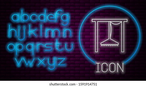 Glowing neon line Automatic irrigation sprinklers icon isolated on brick wall background. Watering equipment. Garden element. Spray gun icon. Neon light alphabet. Vector Illustration