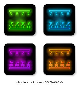 Glowing neon line Automatic irrigation sprinklers icon isolated on white background. Watering equipment. Garden element. Spray gun icon. Black square button. Vector Illustration
