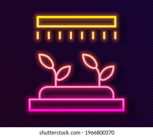 Glowing neon line Automatic irrigation sprinklers icon isolated on black background. Watering equipment. Garden element. Spray gun icon.  Vector