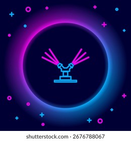 Línea de neón brillante Icono de rociadores de riego automático aislado sobre fondo negro. Equipo de riego. Elemento de jardín. Icono de pistola de pulverización. Concepto de contorno colorido. Vector