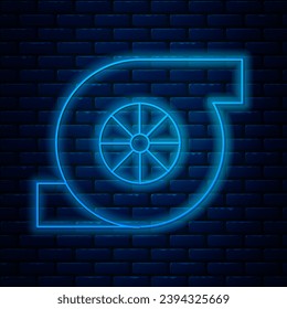 Glowing neon line Automotive turbocharger icon isolated on brick wall background. Vehicle performance turbo. Turbo compressor induction.  Vector