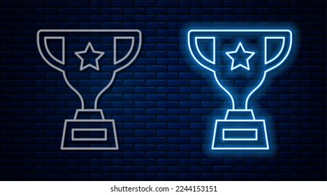 Glowing neon line Award cup icon isolated on brick wall background. Winner trophy symbol. Championship or competition trophy. Sports achievement sign.  Vector