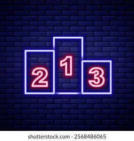 Glowing neon line Award over sports winner podium icon isolated on brick wall background. Colorful outline concept. Vector