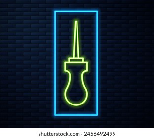 Glowing neon line Awl tool with wooden handle icon isolated on brick wall background. Work equipment tailor industry.  Vector