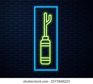 Glowing neon line Awl tool with wooden handle icon isolated on brick wall background. Work equipment tailor industry.  Vector Illustration