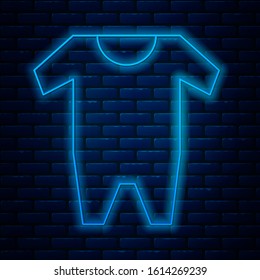 Glowing neon line Baby clothes icon isolated on brick wall background. Baby clothing for baby girl and boy. Baby bodysuit.  Vector Illustration