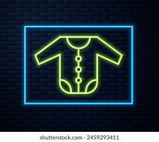 Glowing neon line Baby clothes icon isolated on brick wall background. Baby clothing for baby girl and boy. Baby bodysuit.  Vector