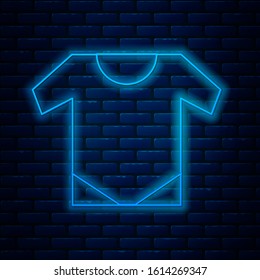 Glowing neon line Baby onesie icon isolated on brick wall background. Baby clothes symbol. Kid wear sign.  Vector Illustration