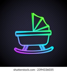 Glowing neon line Baby stroller icon isolated on black background. Baby carriage, buggy, pram, stroller, wheel.  Vector