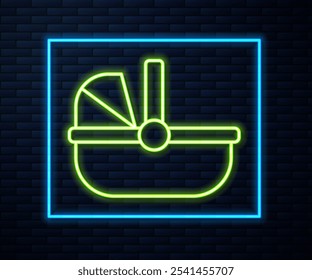 Glowing neon line Baby stroller icon isolated on brick wall background. Baby carriage, buggy, pram, stroller, wheel.  Vector