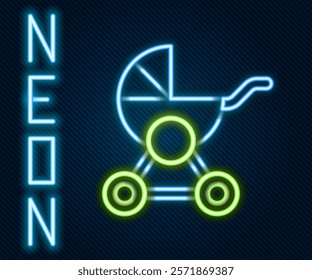 Glowing neon line Baby stroller icon isolated on black background. Baby carriage, buggy, pram, stroller, wheel. Colorful outline concept. Vector