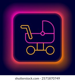 Glowing neon line Baby stroller icon isolated on black background. Baby carriage, buggy, pram, stroller, wheel. Colorful outline concept. Vector