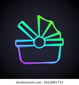 Glowing neon line Baby stroller icon isolated on black background. Baby carriage, buggy, pram, stroller, wheel.  Vector