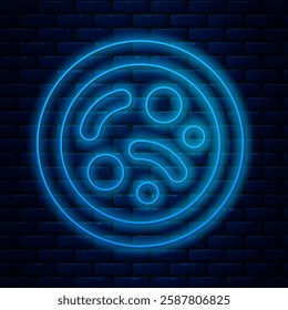 Glowing neon line Bacteria icon isolated on brick wall background. Bacteria and germs, microorganism disease causing, cell cancer, microbe, virus, fungi.  Vector