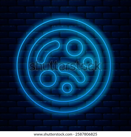 Glowing neon line Bacteria icon isolated on brick wall background. Bacteria and germs, microorganism disease causing, cell cancer, microbe, virus, fungi.  Vector