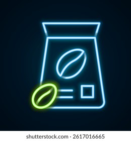 Glowing neon line Bag of coffee beans icon isolated on black background. Colorful outline concept. Vector