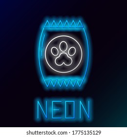 Glowing neon line Bag of food for pet icon isolated on black background. Food for animals. Pet food package. Dog or cat paw print. Colorful outline concept. Vector