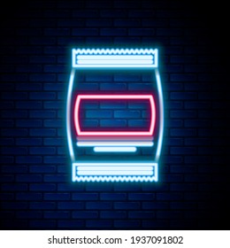 Glowing neon line Bag of food icon isolated on brick wall background. Food for animals. Pet food package. Colorful outline concept. Vector