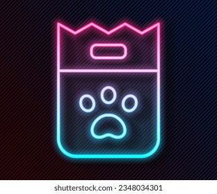 Glowing neon line Bag of food for dog icon isolated on black background. Dog or cat paw print. Food for animals. Pet food package.  Vector