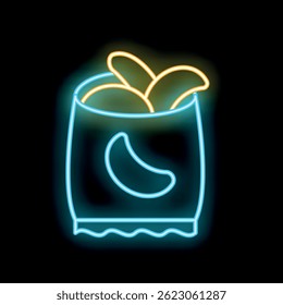 Glowing neon line bag of potato chips icon isolated on black background. Vector illustration