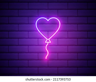 Glowing neon line Balloon in form of heart with ribbon icon isolated on dark brick wall background. Valentines day. Vector.