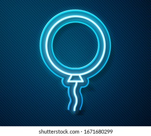 Glowing neon line Balloon with ribbon icon isolated on blue background.  Vector Illustration