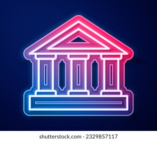 Glowing neon line Bank building icon isolated on blue background.  Vector