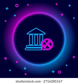 Leuchtende Neonlinie Bankgebäude mit Schraubenzieher und Schraubenschlüssel-Symbol einzeln auf schwarzem Hintergrund. Einstellung, Service, Einstellung, Wartung, Reparatur, Befestigung. Farbiges Umrisskonzept Vektorgrafik