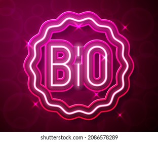 Glowing neon line Banner, label, tag, logo for bio green healthy food icon isolated on red background. Organic product. Healthy food sticker.  Vector