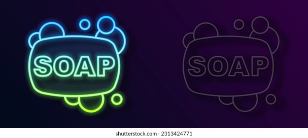 Glowing neon line Bar of soap icon isolated on black background. Soap bar with bubbles.  Vector