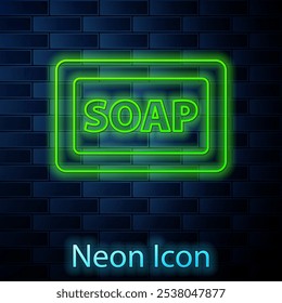 Glowing neon line Bar of soap icon isolated on brick wall background. Soap bar with bubbles.  Vector
